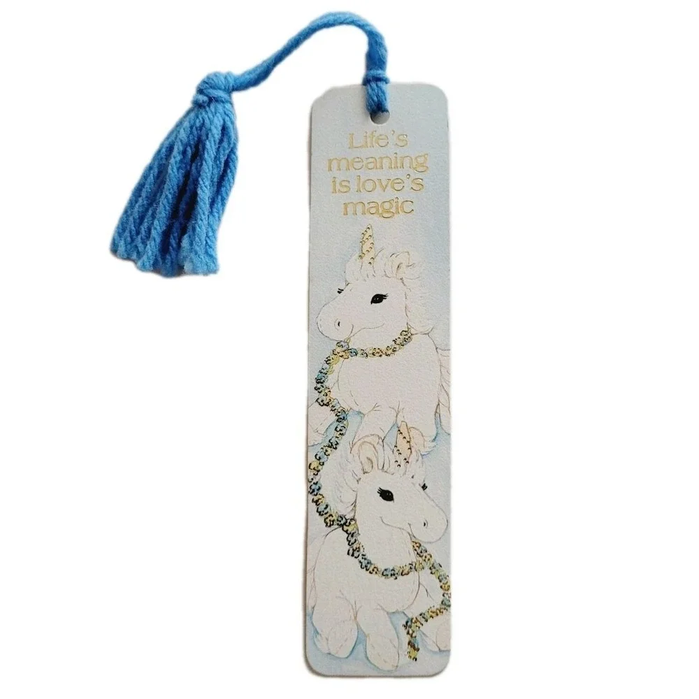 Vintage 80s Bookmark White Unicorns Sky Gold Embossed 1982 Antioch Sunshine H-98